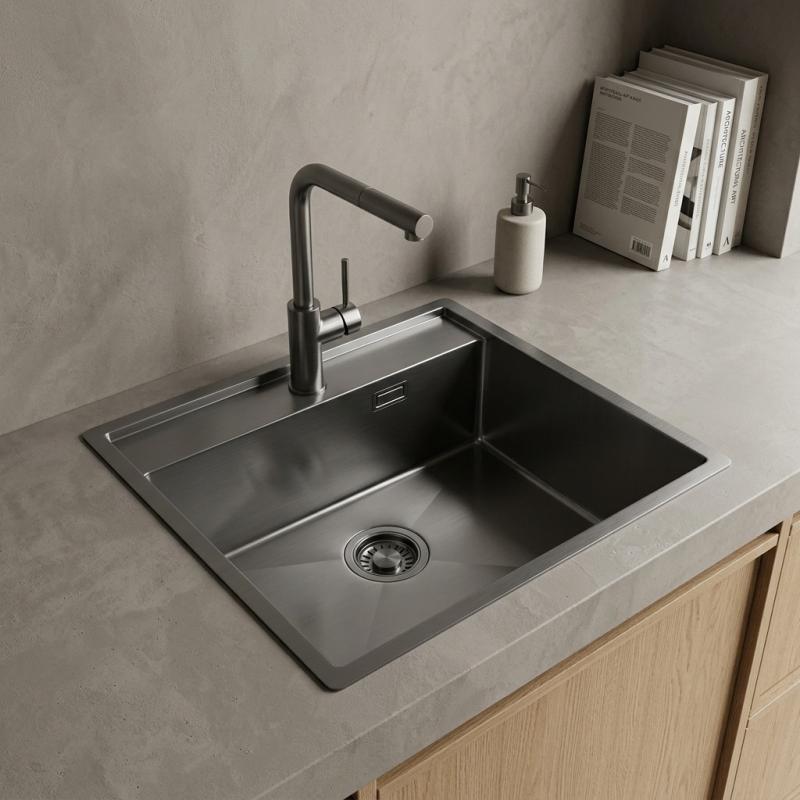 Pure.Sink Luxion Gun metal spoelbak 51x50 cm Tapwing met kraangatbank PLX5150T-61